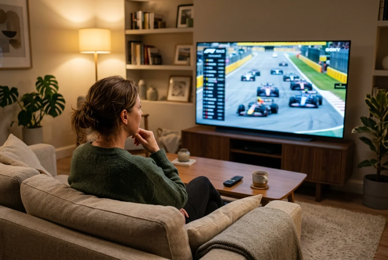 Aficionado viendo carrera de Fórmula 1 en televisión desde casa