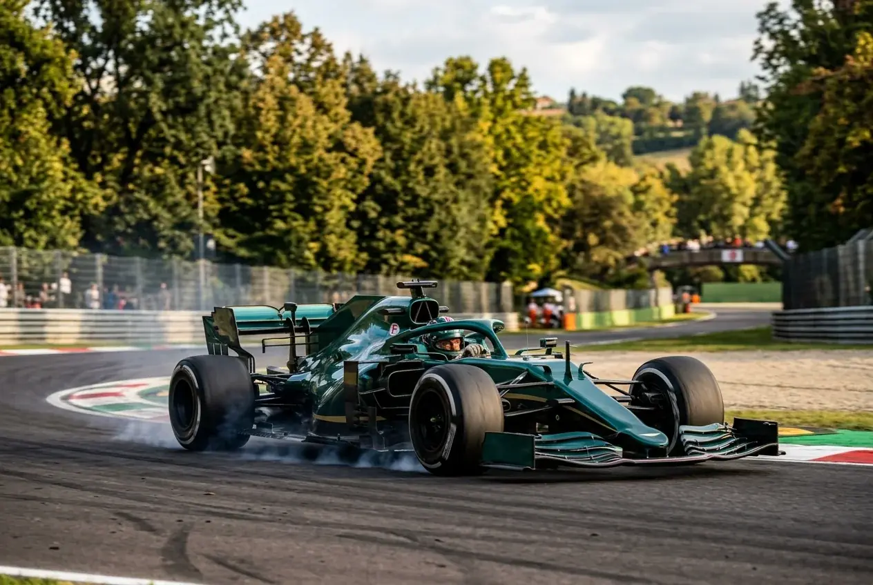 Monoplaza verde de Aston Martin en pista de Fórmula 1