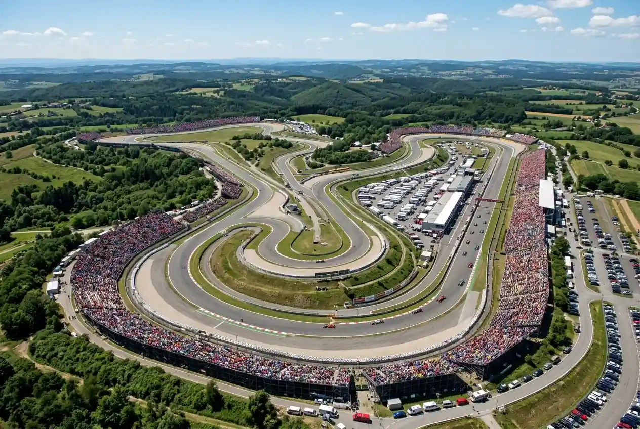 Vista aérea de circuito de carreras con gradas llenas de espectadores