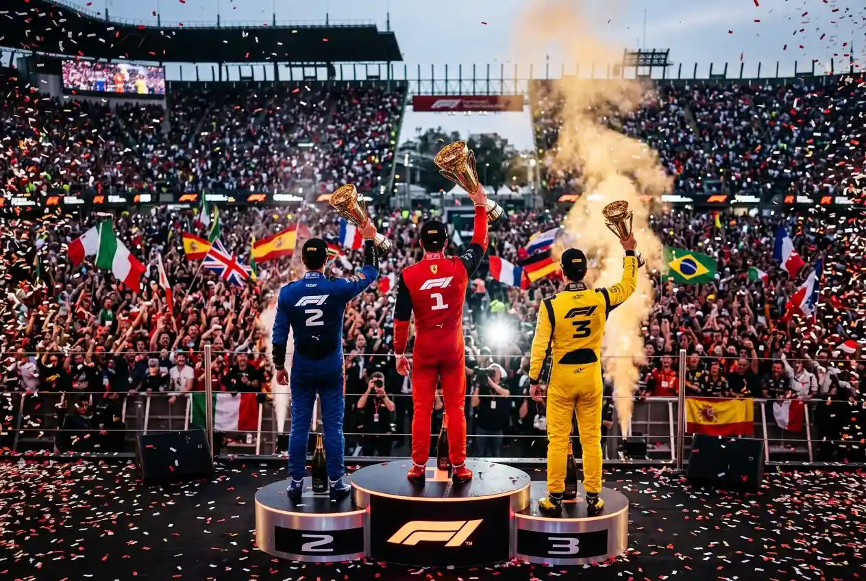 Podio de Fórmula 1 con pilotos celebrando en ceremonia