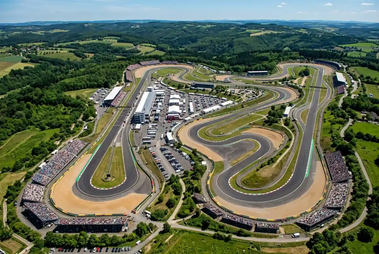 Vista aérea de circuito de Fórmula 1 mostrando trazado completo