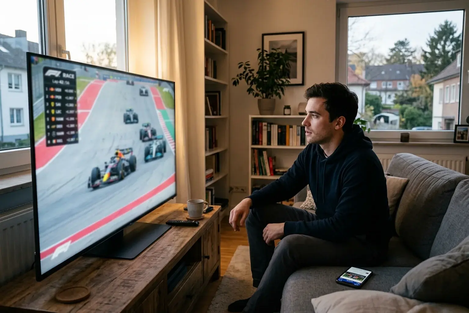 Aficionado viendo carrera de Fórmula 1 en pantalla con gráficos de estadísticas