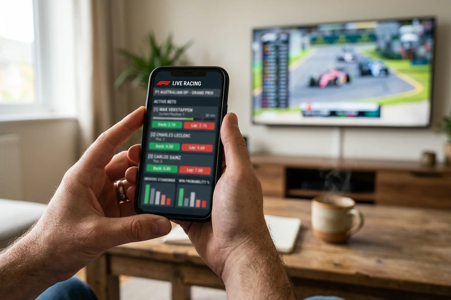 Persona analizando cuotas de apuestas deportivas en dispositivo móvil durante carrera