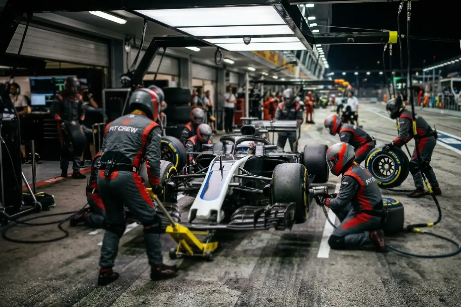 Equipo de Fórmula 1 realizando parada en boxes con mecánicos en acción