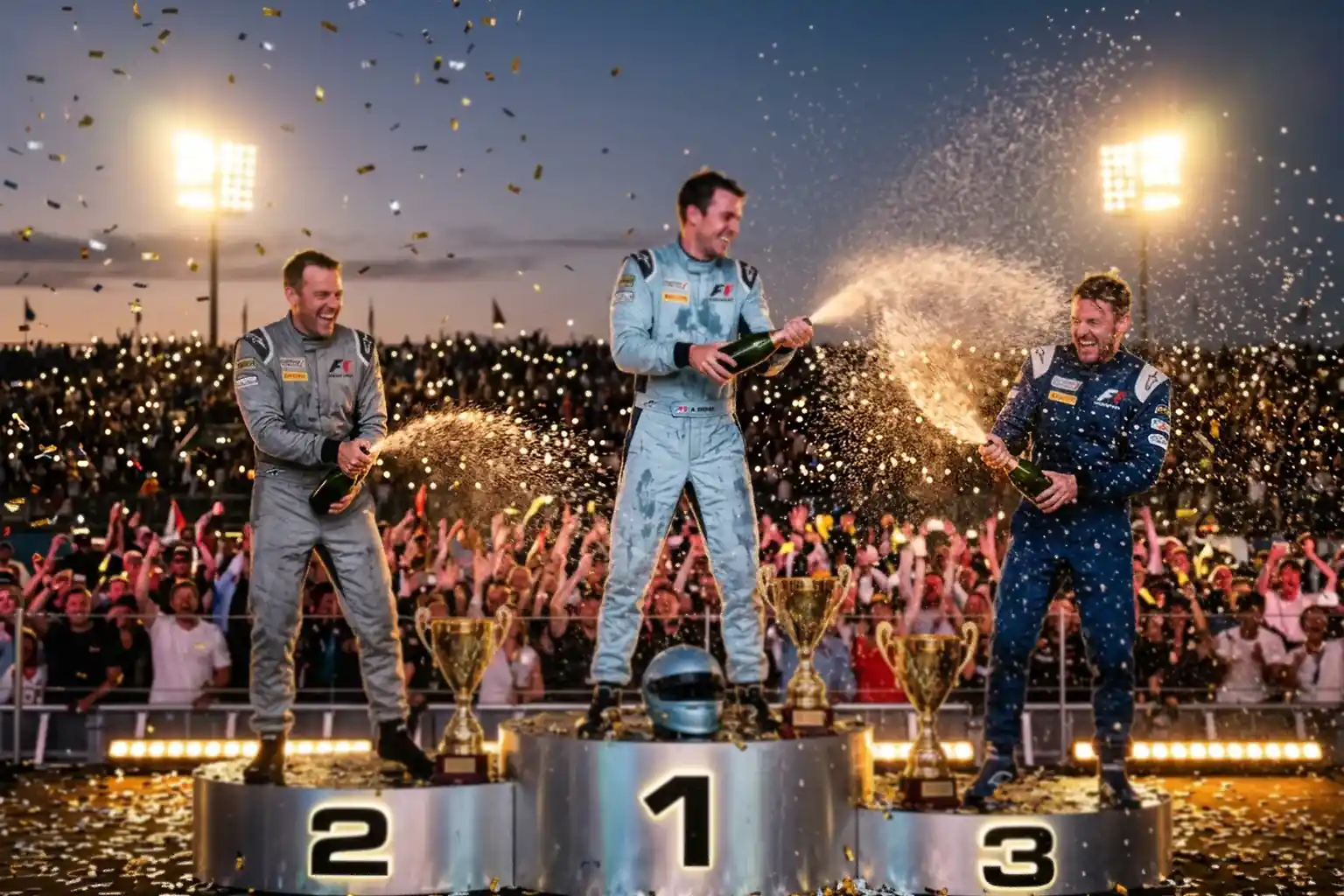 Celebración de podio en Gran Premio de Fórmula 1 con champán y trofeos