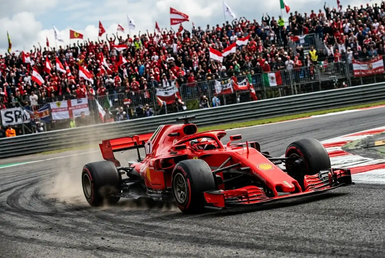 Monoplaza rojo de Ferrari en acción durante Gran Premio