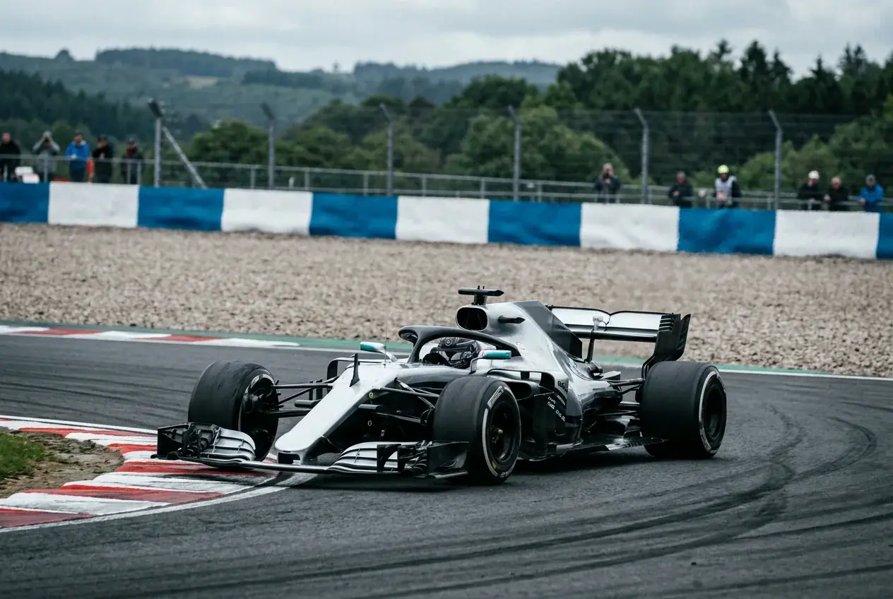 Coche plateado de Mercedes en curva de circuito de F1