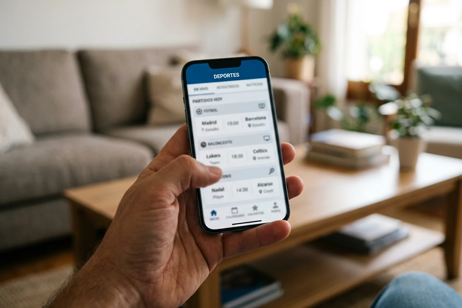 Mano sosteniendo smartphone con aplicación de deportes abierta